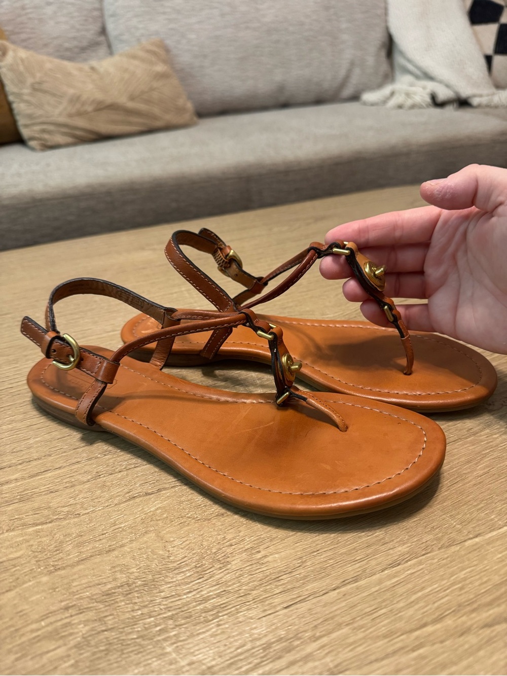 Coach Tan Leather T-Strap Sandals with Gold Hardware